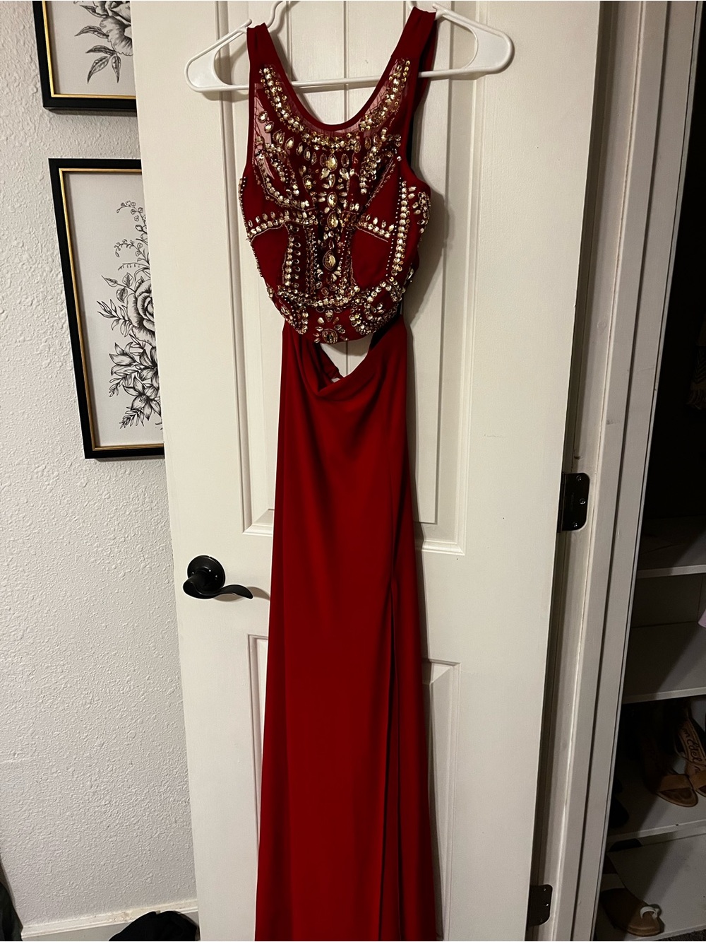 B Darlin 2 Piece Red Prom or Formal Gown with Gold Beaded Bodice